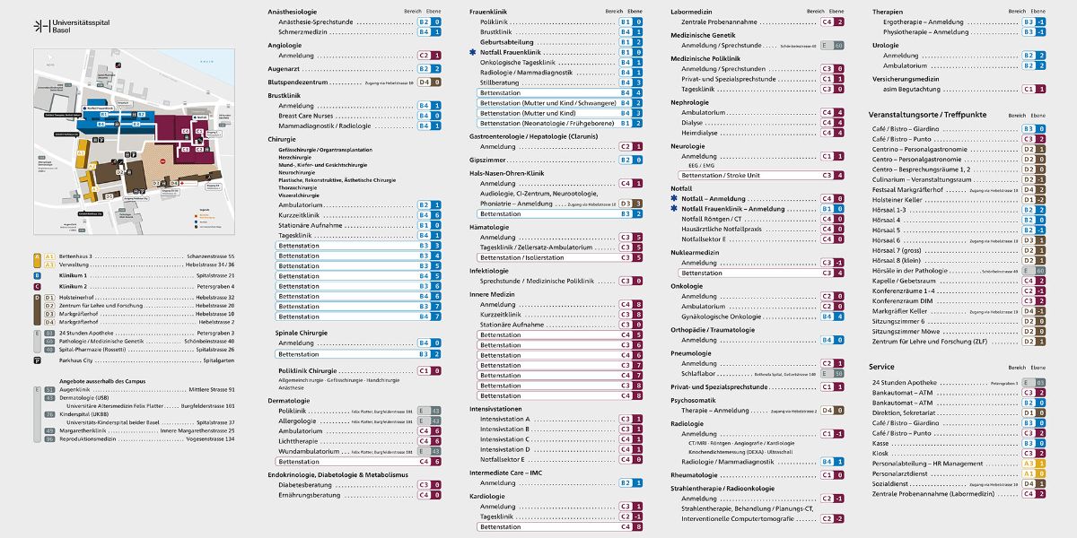 The main overview of the University Hospital Basel with all clinics